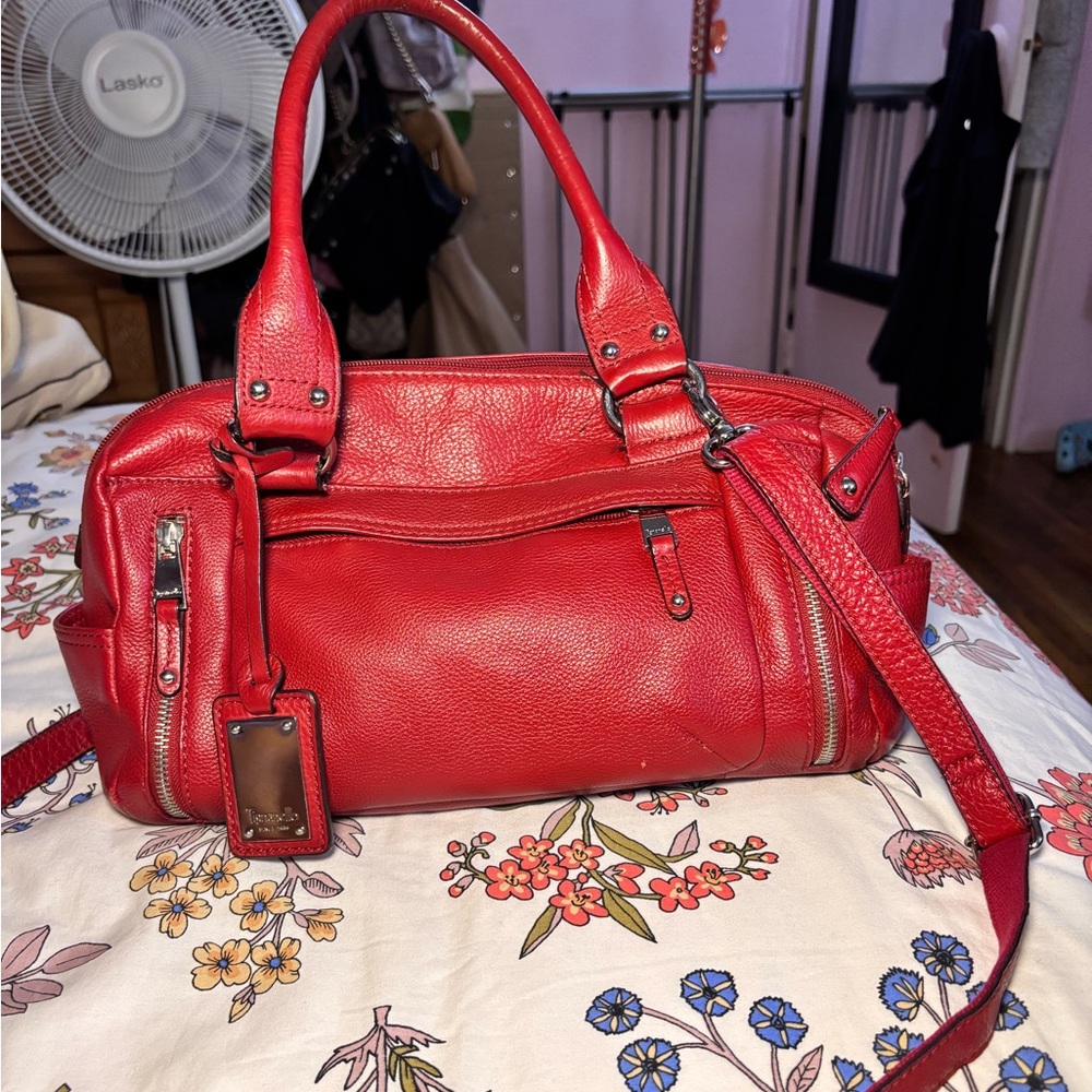 Tignanello Cherry Red Leather Bag with Silver Accents